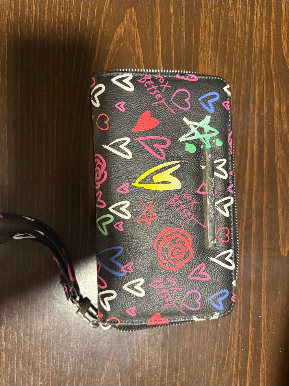 Betsey Johnson Black Wristlet Wallet with Multicolor Heart & Rose Print